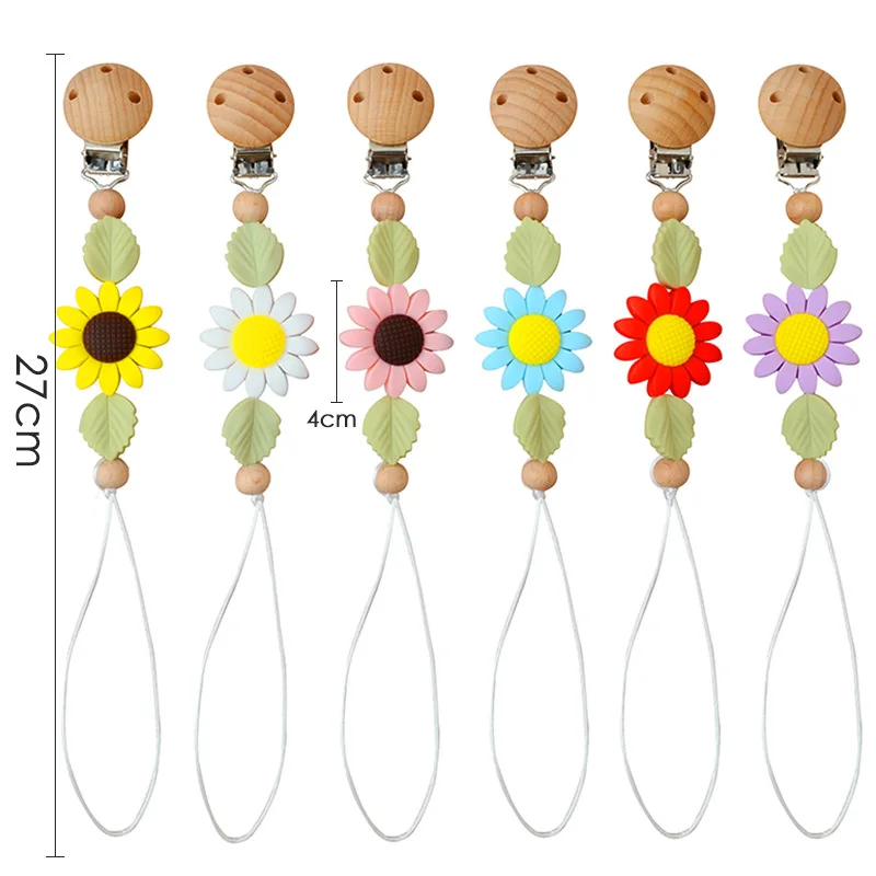 INS Baby Pacifiers Sunflower Wood Teether Dummy Nipples Holder Clips Chain Teething Accessories Newborn Toys Gift