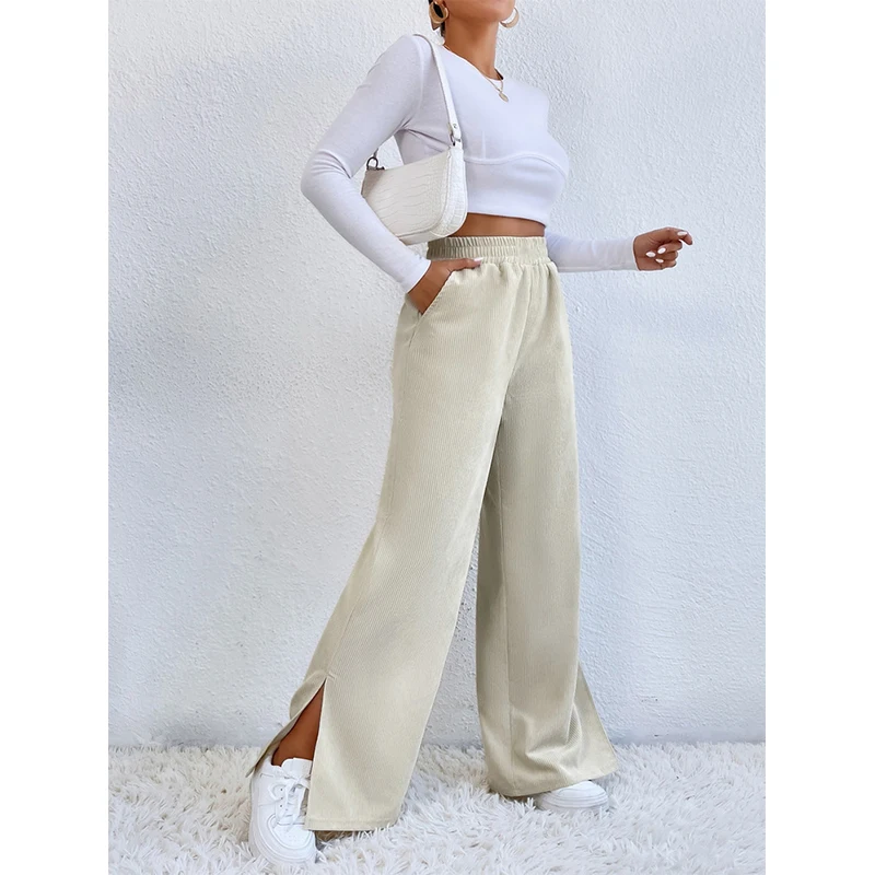 Autumn Winter Women's High Waist Corduroy Wide Leg Pants Ladies Solid Color Loose Casual Slit All-match Trousers Female Clothes