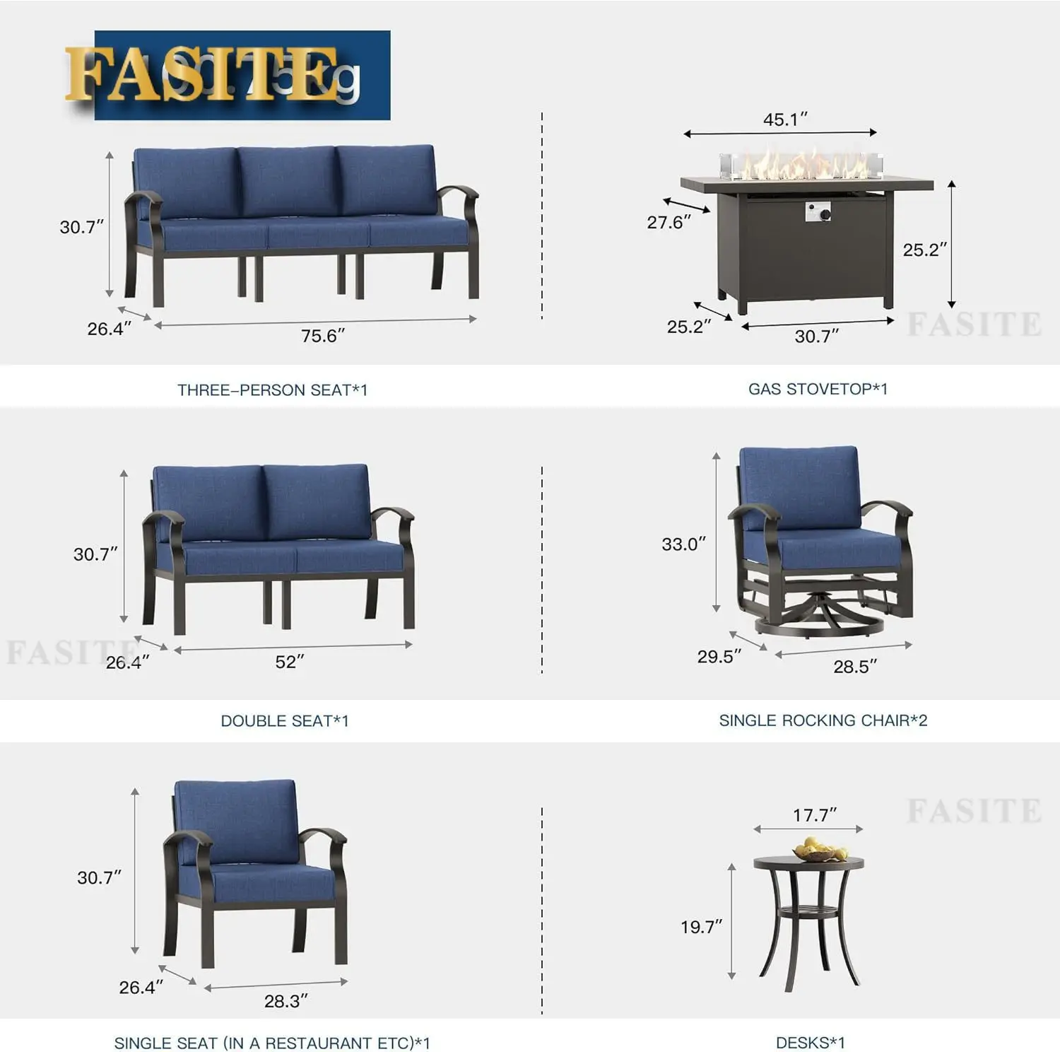 Aluminum Patio Furniture Set, 8 Pieces 9 Seat Metal Outdoor Furniture with 45 Propane Gas Fire Pit & Swivel, Sand