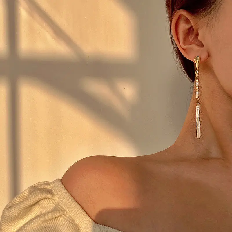 Minar Dainty Irregular Freshwater Pearl Dangle Earrings for Women Real Gold Plated Copper Beads Strand Long Tassel Earring