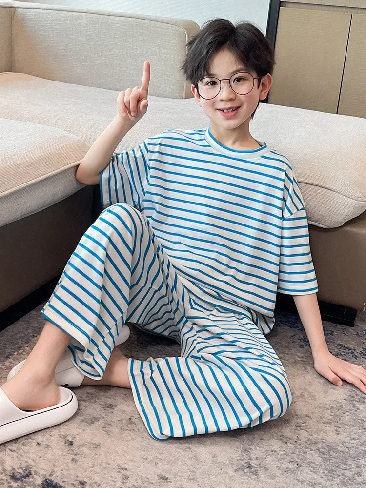 소년 여름 잠옷 얇은 반팔 줄무늬 홈 의류 세트 어린이 홈 슈트 부드러운 면 편..