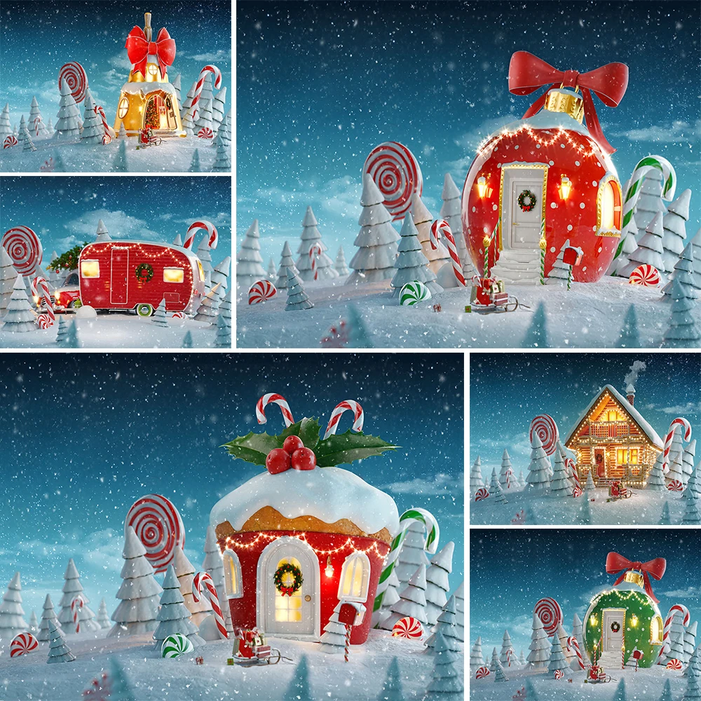 

Mocsicka Winter Snow Backdrops for Photography Santa Boots Candy House Photo Background Christmas Decoration Background Banner