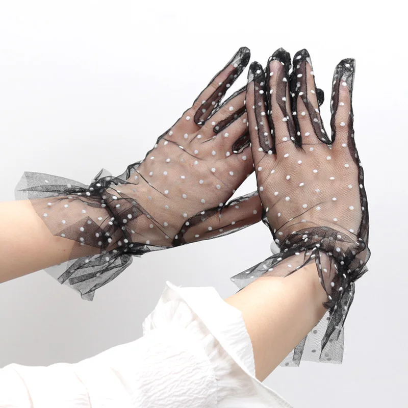 Women Sexy Lace Gloves Transparentes Dot Mesh Short Tulle Mittens Club Prom Party Dancing Fishnet White Dress Breathable Glove