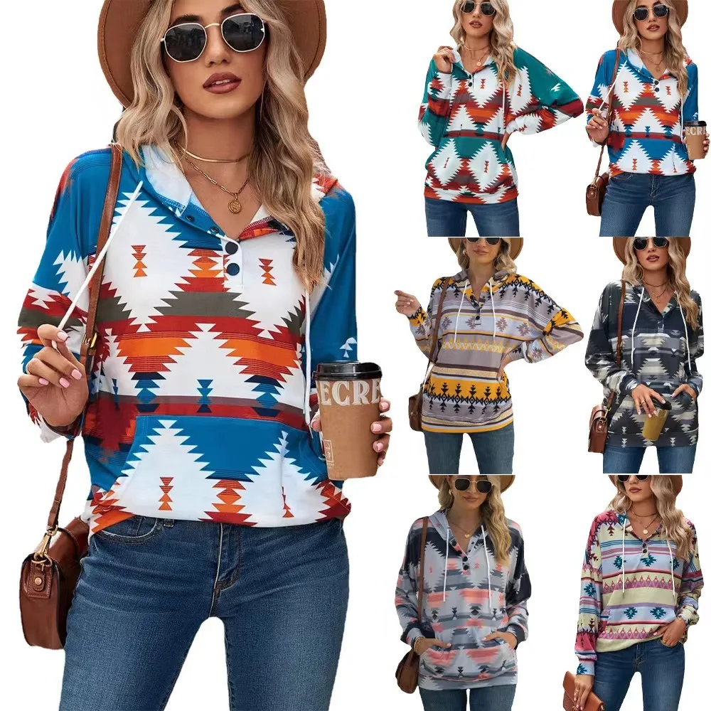

Autumn/Winter New Geometric Pattern Long Sleeve Loose Hooded Button Pocket Sweater