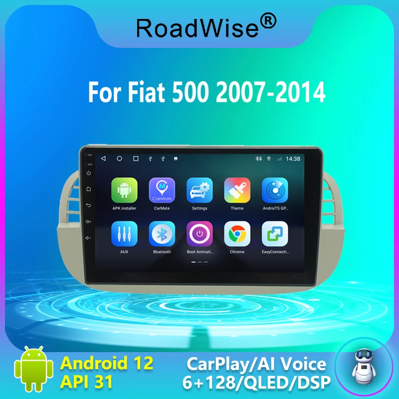 Roadwise 8 + 256 Android 12 Autoradio Per Fiat 500 2007 - 2013 2014 Carplay Multimedia 4G Wifi Gps Navi Dvd 2 Din Autoradio Stereo