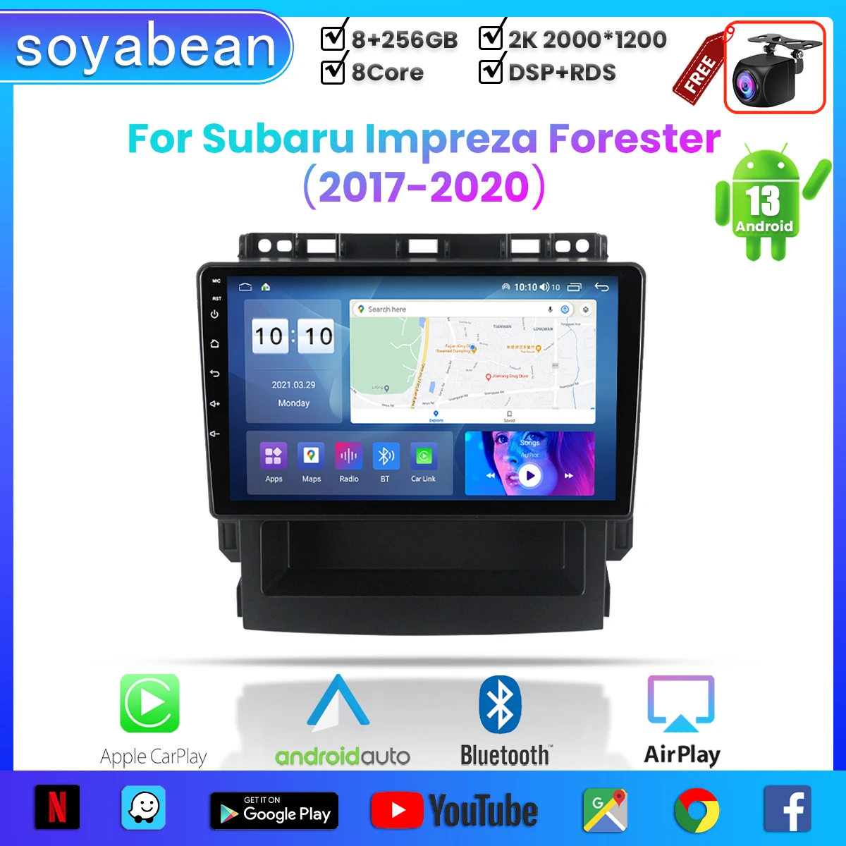 

Автомагнитола на Android 13 для Subaru Impreza Forester 2017-2020,9 дюймов мультимедийный плеер с 4G WiFi Carplay и 2Din GPS