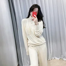  Lazy Oaf  Loose Casual White Color Women Sweaters Pullover Full Sleeves Sport Turtleneck Buttons Lady Tops Jumpers Clothes Set 