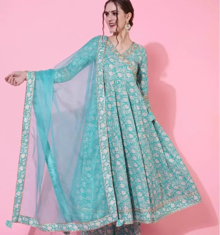 India Women's Clothing 3-piece Set Pure Cotton Printed Dresses