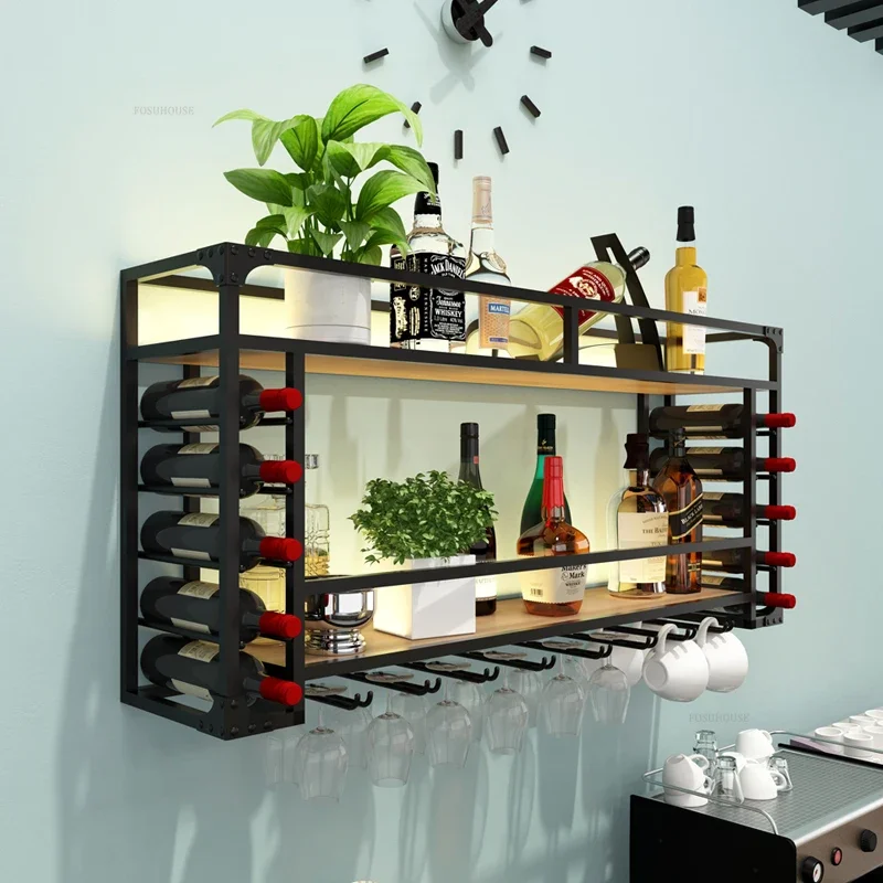 Simple Iron Wine Cabinets Home Wall-mounted Bar Cabinets Rack Creative Restaurant Decoration Wine Glass with Light Bar Furniture
