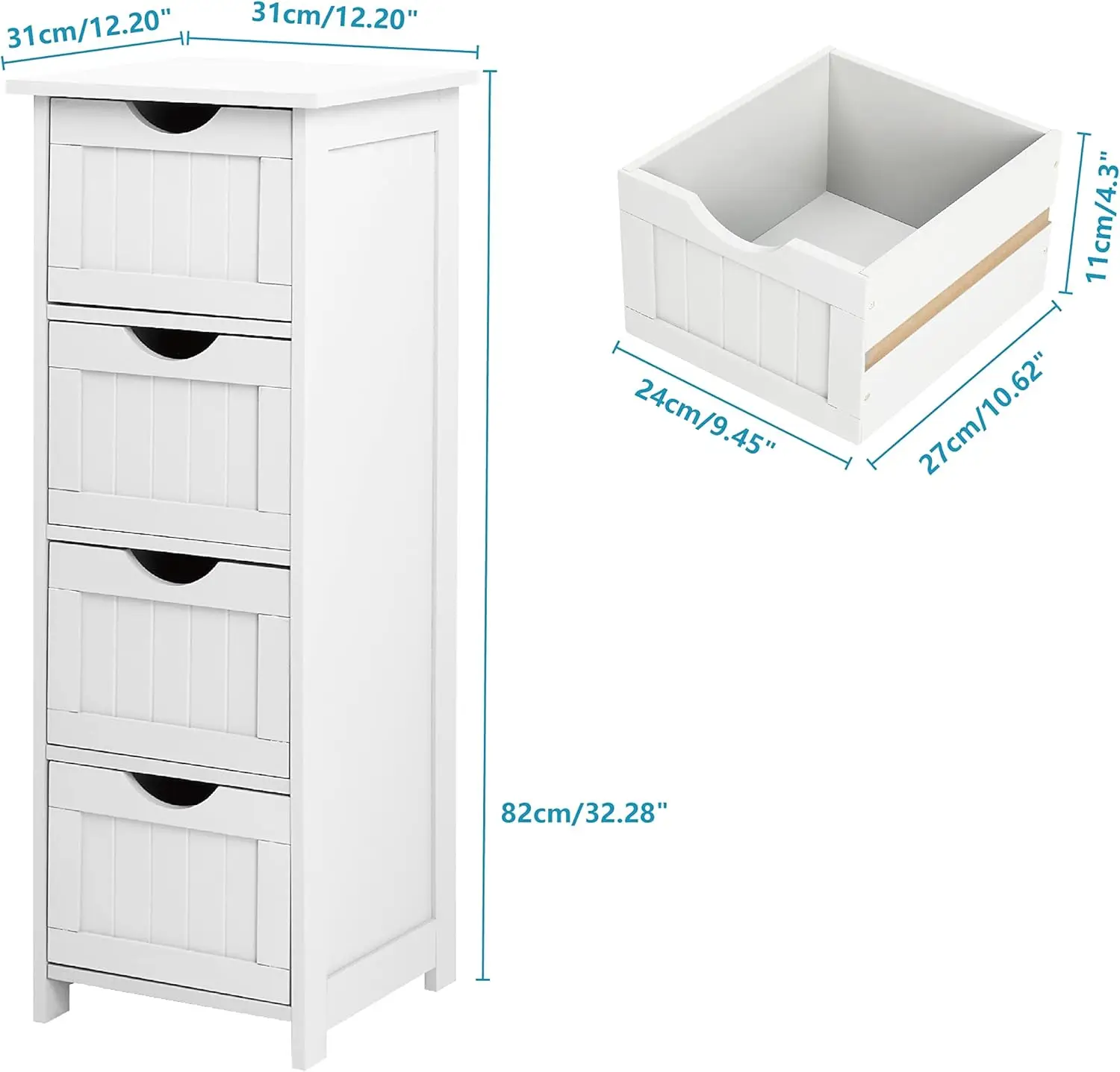 Bathroom Storage Cabinet Skinny Wooden Side Bathroom with 4 Drawers Small Free Standing Floor Cabinet White Slim 12 Inch Wide