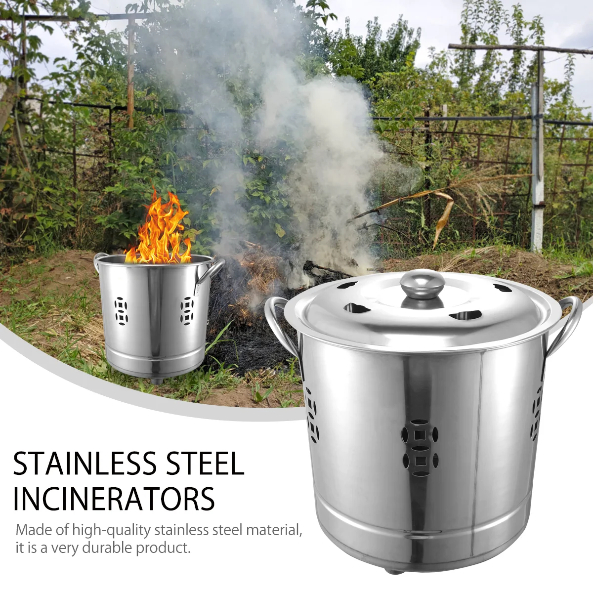 2pcs stainless steel burn incinerator cage can burn bin with lid