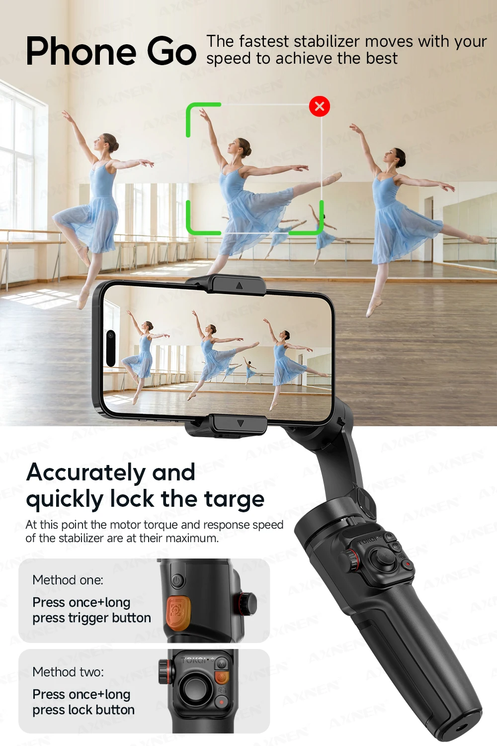 3-osiowy ręczny stabilizator gimbala z funkcją śledzenia twarzy AI, wbudowany teleskopowy pręt, smartfon, iPhone, Android, antywstrząsowy_voghion.com