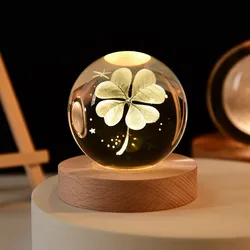 Luminous Milky Way Crystal Sphere with Wooden Base - Elegant Home Decor and Gift Idea (Four - leaf clover)