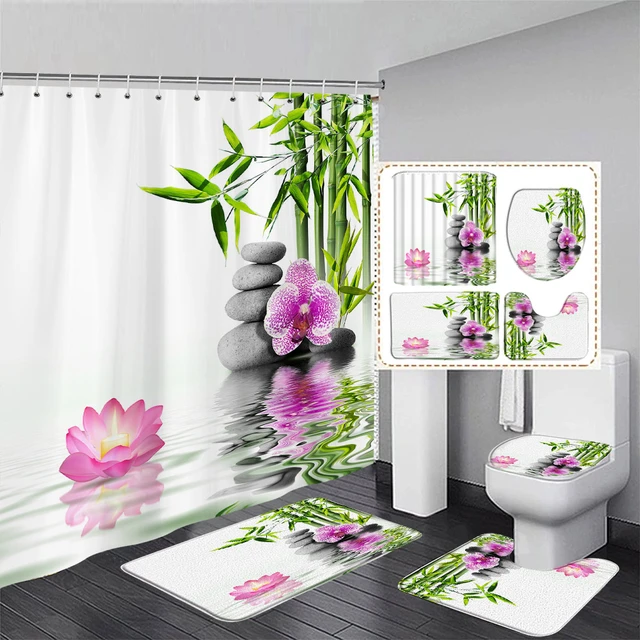 Lotus Buddha Bamboo Waterproof SPA Fabric Zen Shower Curtain Set