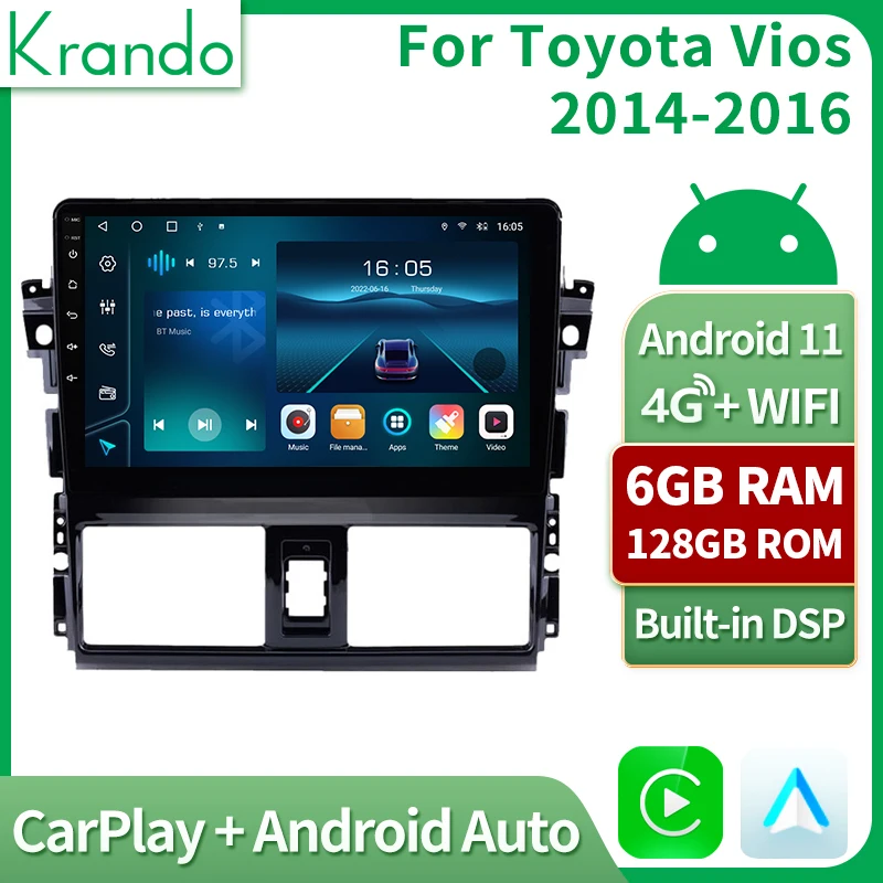 

Автомобильный радиоприемник Krando 9 ''/10,1'' Android 11,0 для Toyota Vios 2014-2016, мультимедийный DVD-плеер, беспроводной Carplay, сенсорный экран