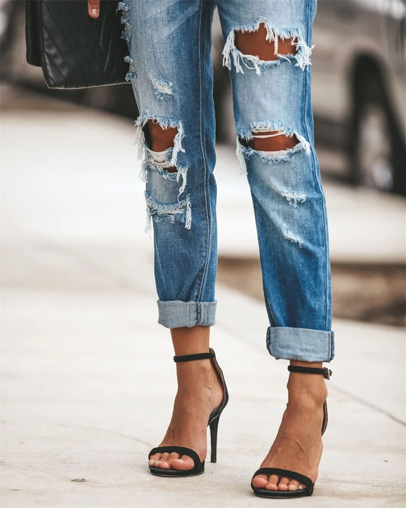 Vintage Blue Jeans Women's Denim Trousers Summer Fashion Broken Holes Street Style Washable Straight Female Cotton Pants Casual