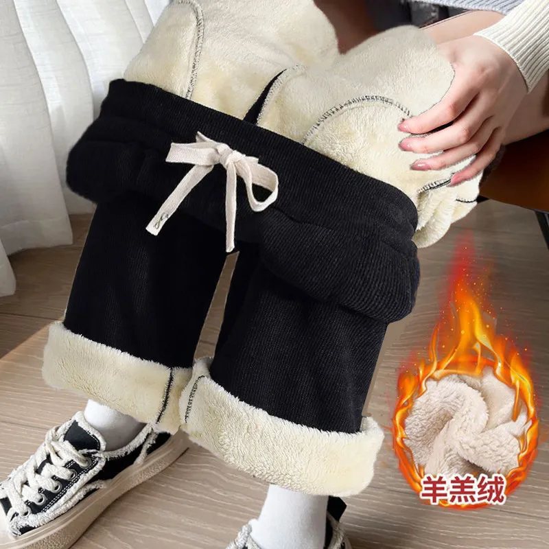 Black sherpa corduroy wide-leg pants