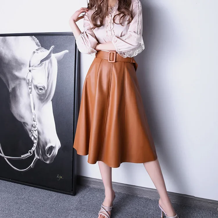 2023 Women Autumn and Winter New Genuine Leather Sheepskin Skirt Swing Belt Umbrella Real Leather Skirt E65