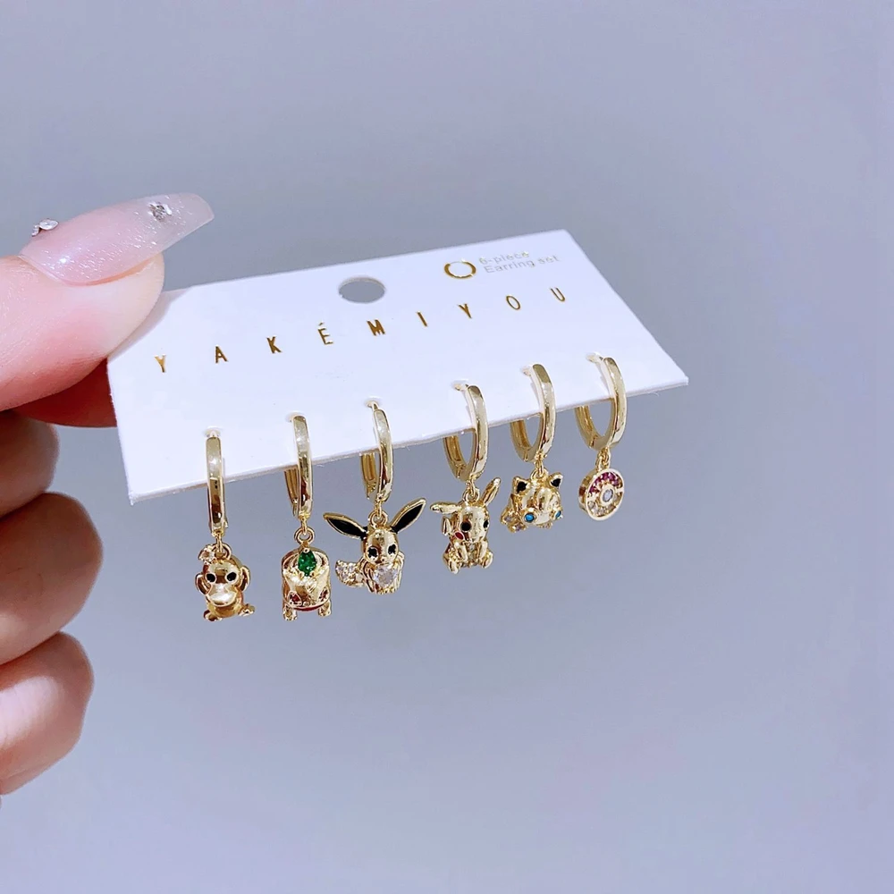 6pcs/Set Cute Cartoon Animal Pendants Huggie Hoop Earrings for Women Gold Color Zircon Crystal Jewelry 3