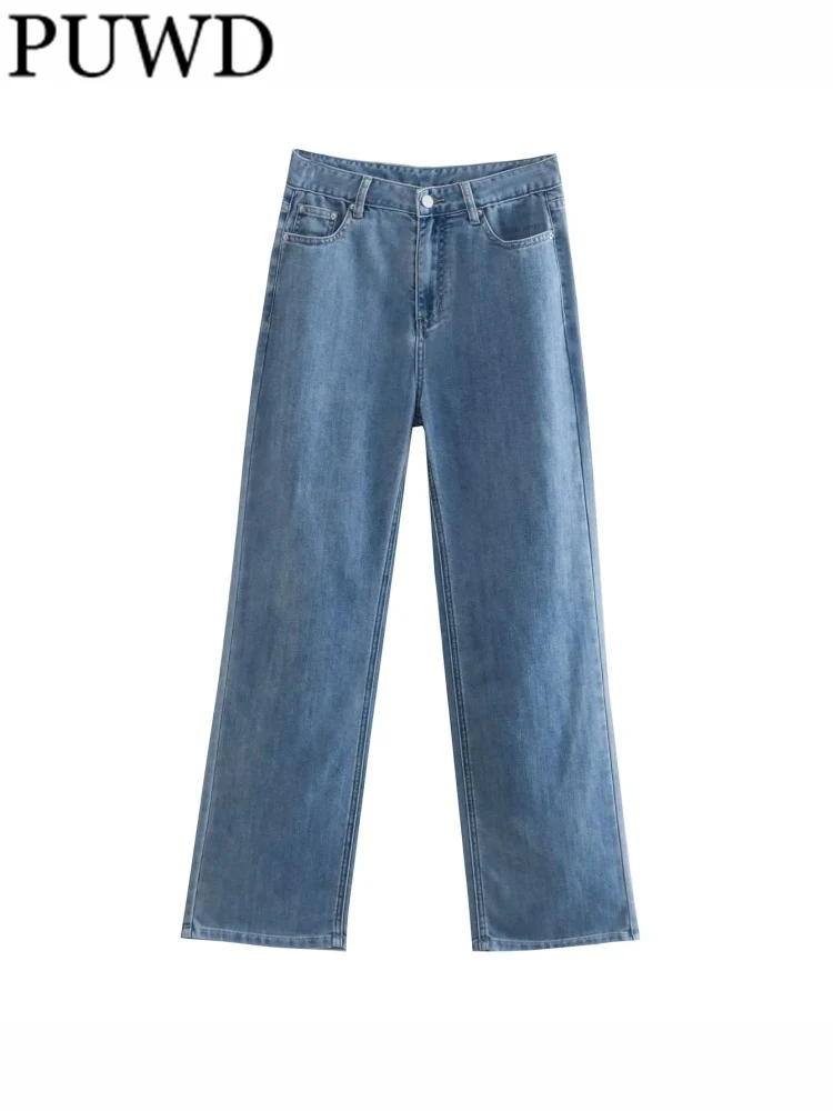 

PUWD Women Fashion Blue Washed Thin Wide Leg Denim Trousers 2023 Spring Vintage High Waist Zipper Fly Female Pants Mujer