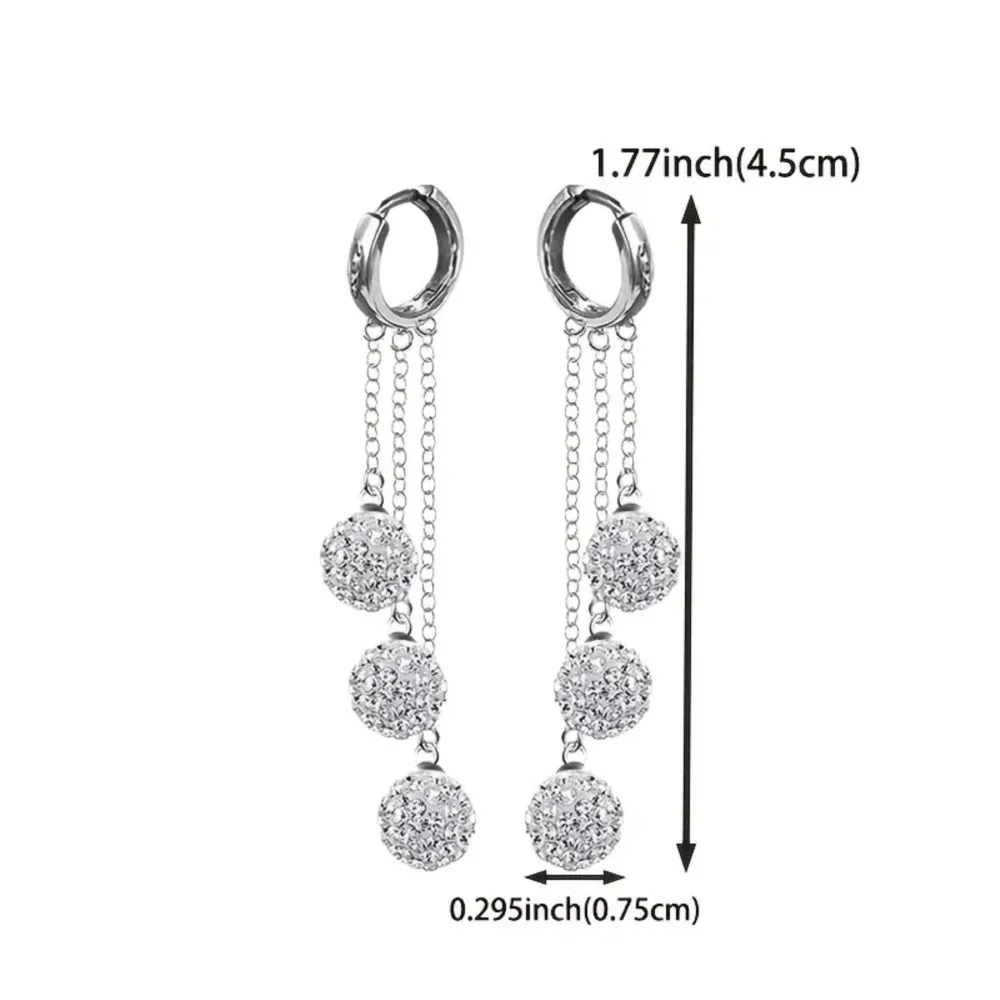 Silver Color 3 Shambhala Ball Design Tassel Lines Dangle Earring for Women Luxury Blingbling Hoop Earrings Holiday Wedding Gifts