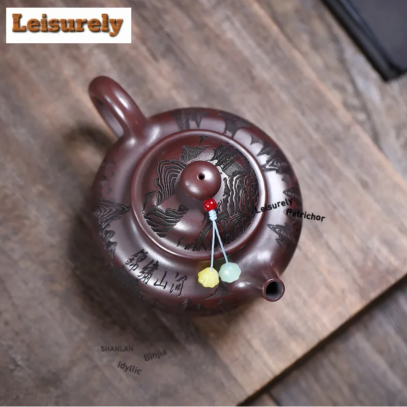 300ml Yixing Purple Clay Teapots Famous Artists Handmade Carved Pot Raw Ore Antique Brass Mud Tea Maker Kettle Zisha Tea Set
