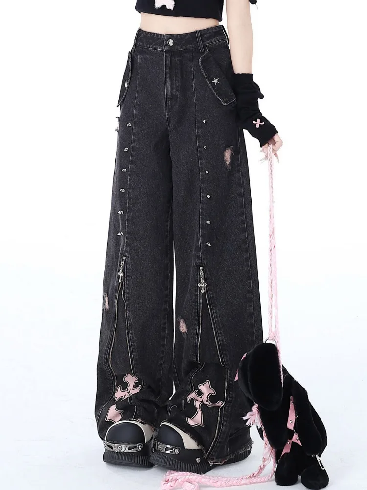 HOUZHOU Y2k Vintage Gothic Baggy Jeans Woman's Oversized Japanese Style Denim Pants Korean Fashion Harajuku Streetwear Trousers