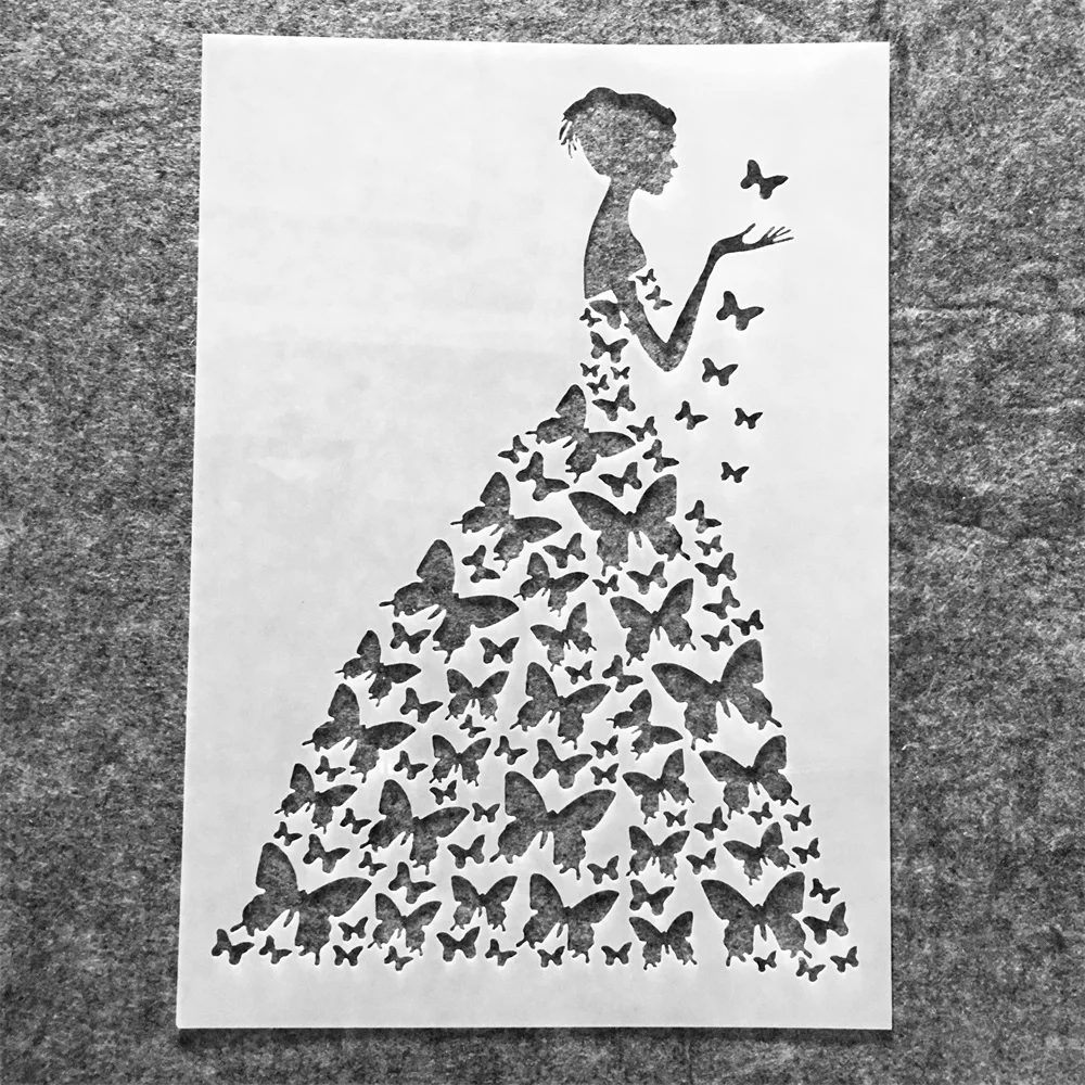 

A4 29cm Bride Girl Butterflies Dress DIY Layering Stencils Wall Painting Scrapbook Coloring Embossing Album Decorative Template
