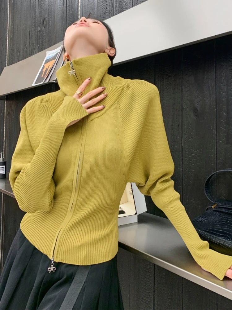

ZCSMLL Vintage Classic Lapel Double Zipper Design Knitwear Sweater 2022 Autumn Winter New Versatile Solid Color Top Women