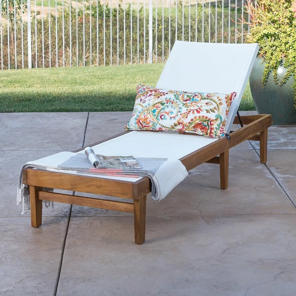 

Outdoor Mesh Chaise Lounge with Acacia Wood Frame,Teak Finish / White ,Windproof, rust proof,quick drying,5 adjustable positions
