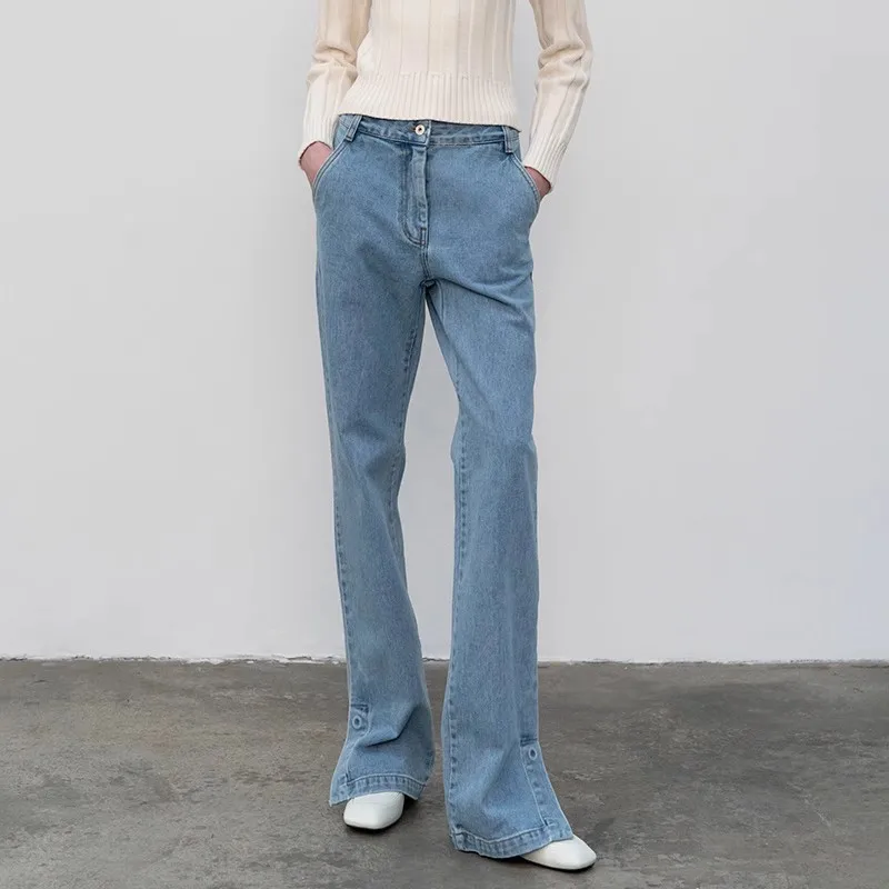 

Side slit jeans women's spring and autumn high waist slim casual flared pants vintage versatile straight trousers