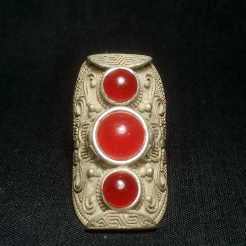 

Chinese Tibet Silver Carved Inlay red jade Ring Ornament gift collectible