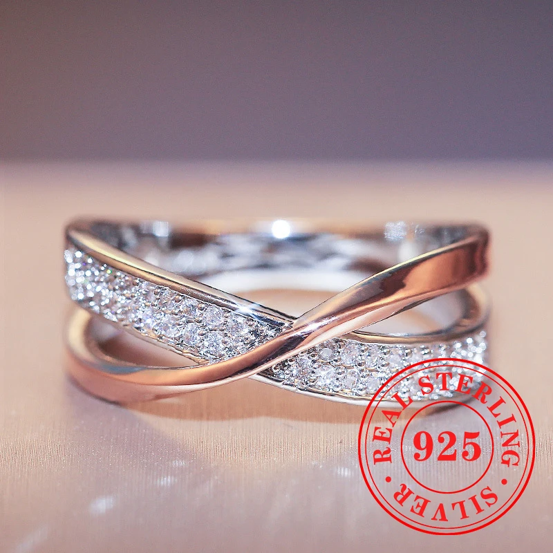 Huitan Fashion Two Tone 925 Sterling Silver Cross Rings for Women Rose Gold Color and Shiny CZ Rings Novel Charms Party Jewelry