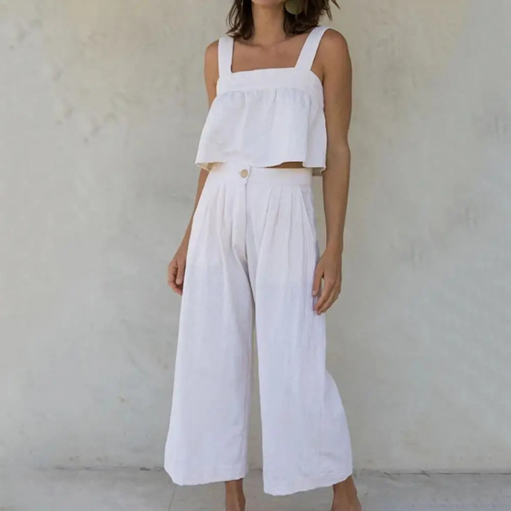 

Cotton Sling Backless Women Vest Pants Set Summer Outfit Square Collar Sleeveless Cropped Vest High Waist Wide Leg Pants Set