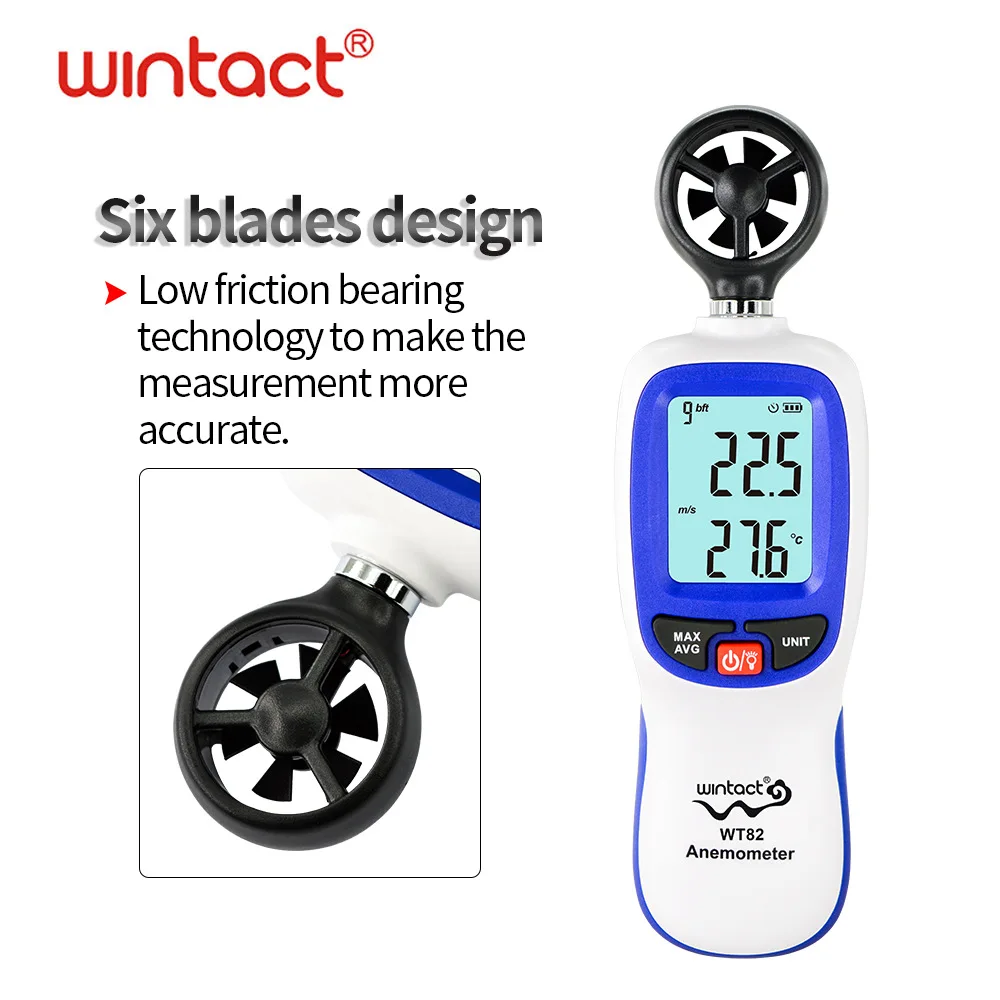 

WINTACT Digital Wind speed Meter Anemometer Air Flow instrument Gauge Temperature LCD Display Auto Tachometer WT82 WT82B