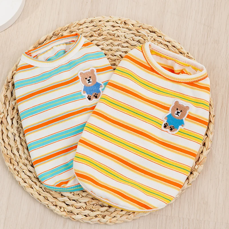 

Spring Striped Puppy Clothes Embroidered Bear Pet Vest Teddy Bipod Soft Pullover Rainbow Strip Bipod Clothing XS-XL