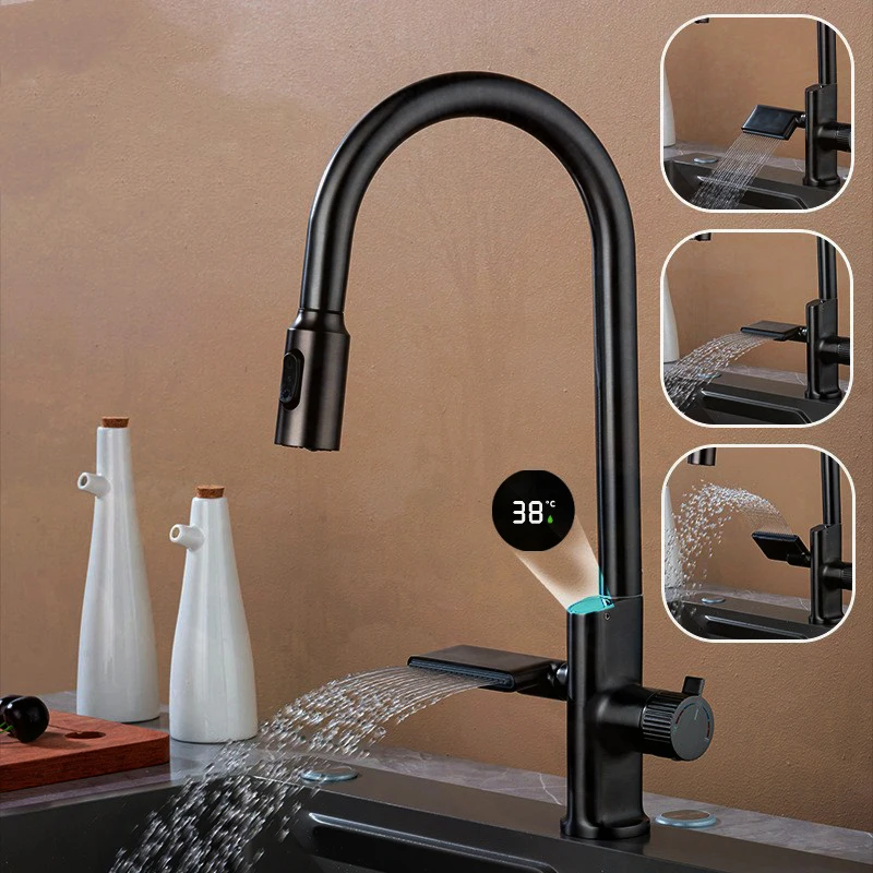 Nuovo Sensore Di Temperatura Digitale A Cascata Rubinetto Da Cucina Estraibile Spruzzatore A Flusso Miscelatore Per Lavello Con Acqua Calda E Fredda P
