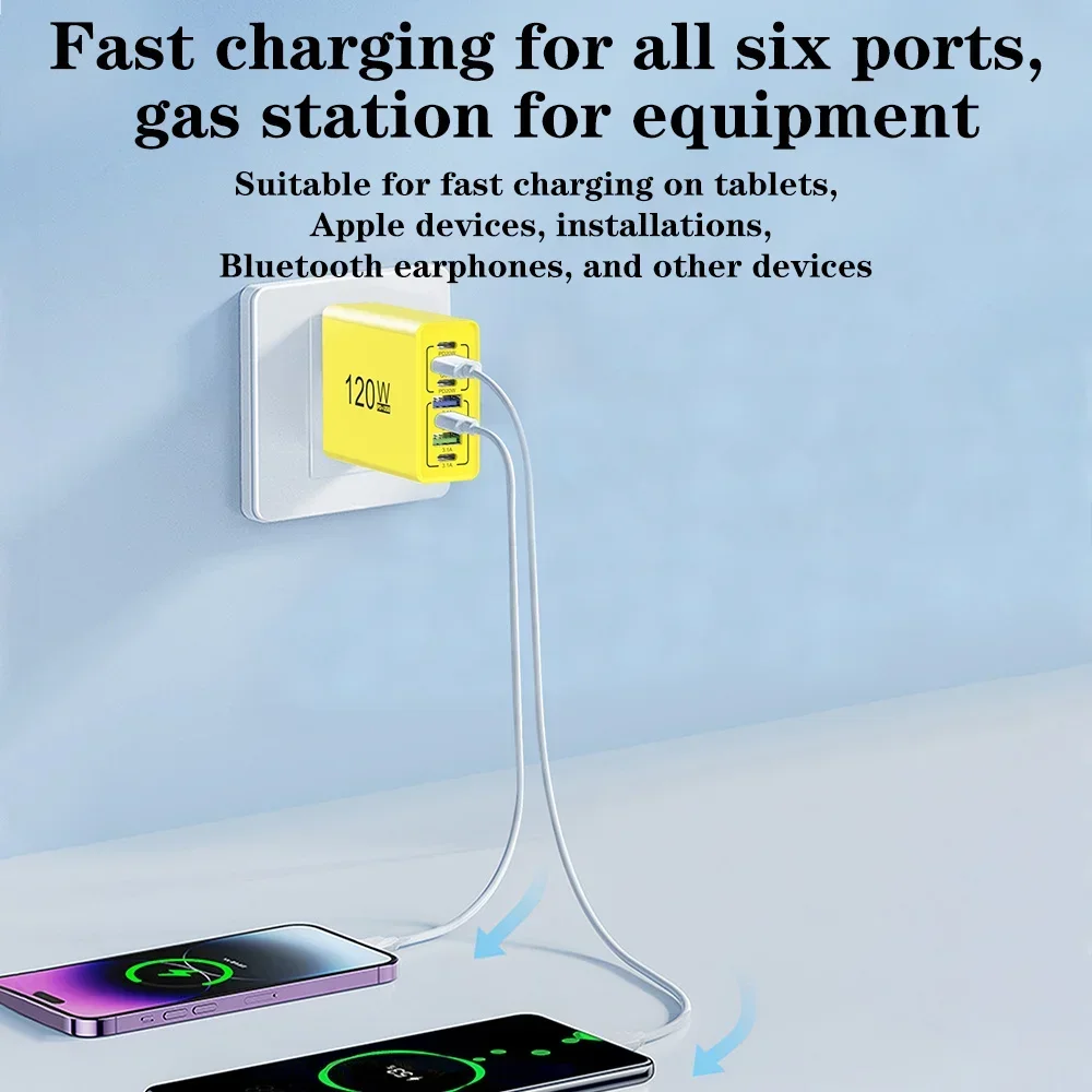 Caricatore USB da 120 W con porte multiple, ricarica rapida, adattatore per caricabatterie per telefono di tipo C, caricatore da muro con presa EU/US per iPhone Samsung Xiaomi Huawei - immagine 2