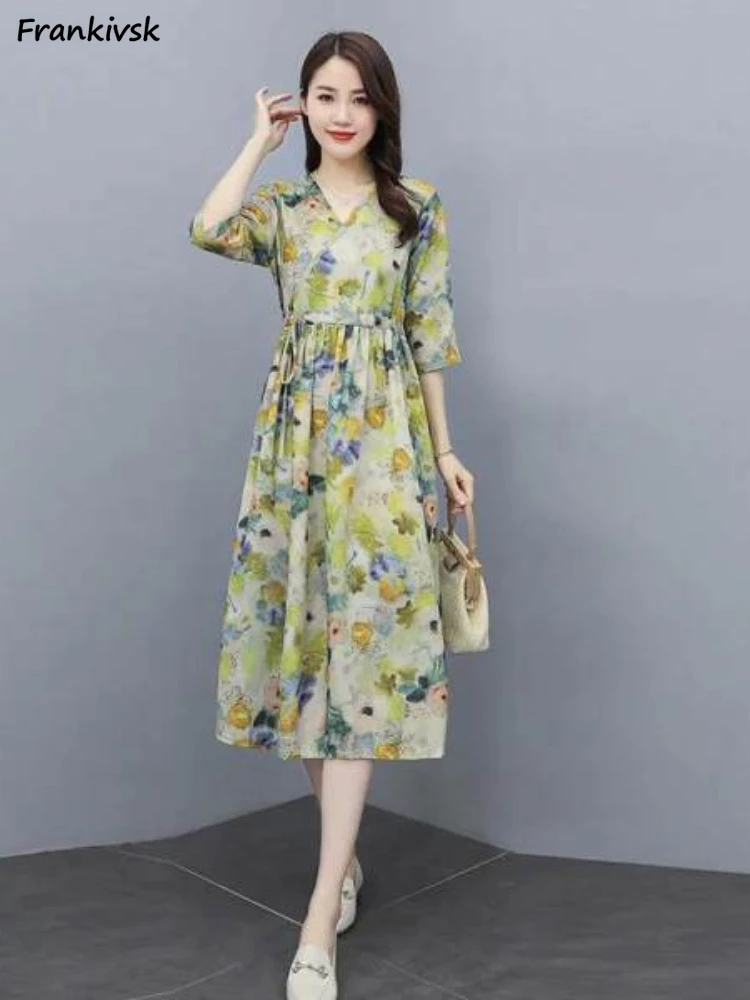 

Dresses Women Floral Spring Summer Half Sleeve Shivering Knee Length Prairie Chic Stylish V-neck Fairycore Korean Style Classic