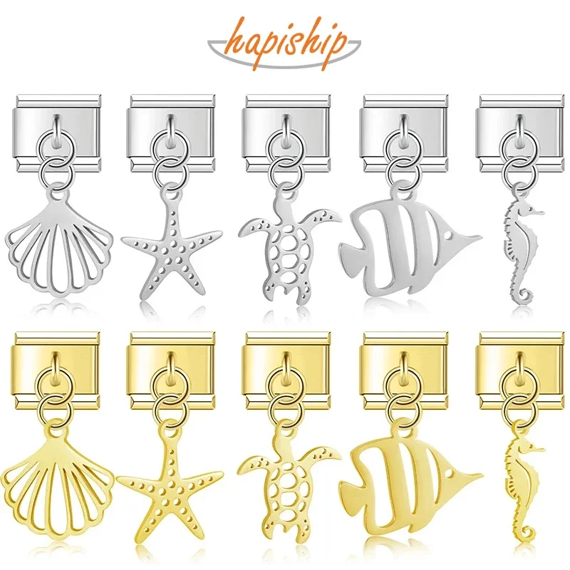 Hapiship 2024 New Fashion Starfish Shell Turtle Charms Italian Link Fit 9mm Bracelet Stainless Steel Making DIY Jewelry DJ820
