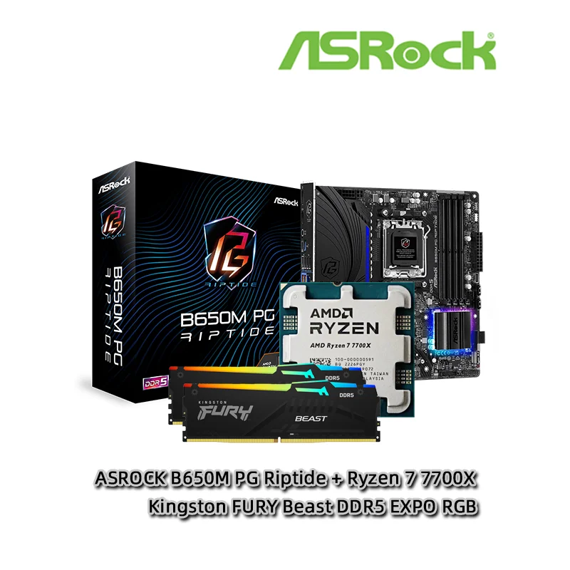  AMD Ryzen 7 R7 7700X CPU + ASROCK B650M PG Riptide Motherboard + Kingston FURY Beast DDR5 32G (16G2) 5600MHz EXPO RGB RAMs Suit 