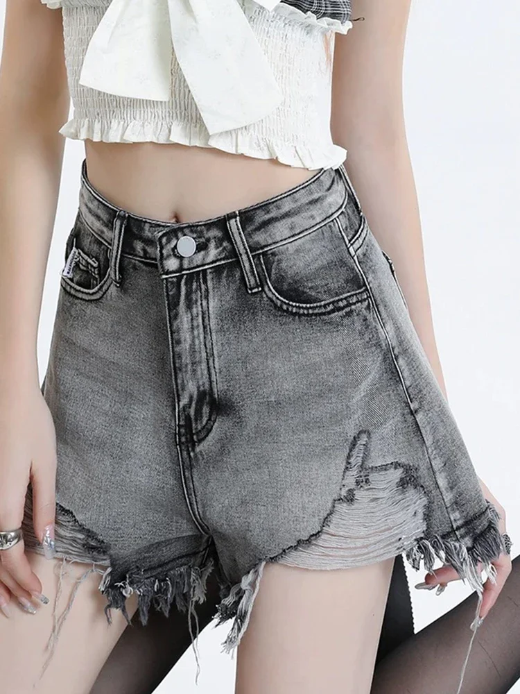 

American Classic High Waist Chicly Split Female Jean Shorts Summer Irregular Fashion Hollow Out Sexy Casual Simple Womens Shorts