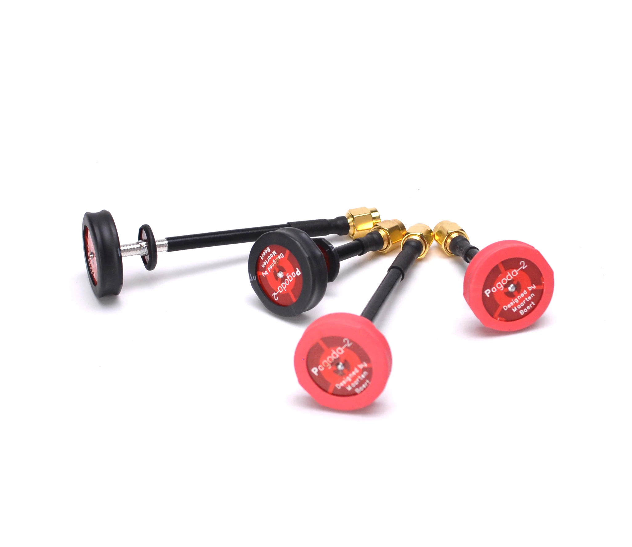 Antennes FPV VTX VRX RPSMA SMA de différentes couleurs, alignées sur une surface blanche.