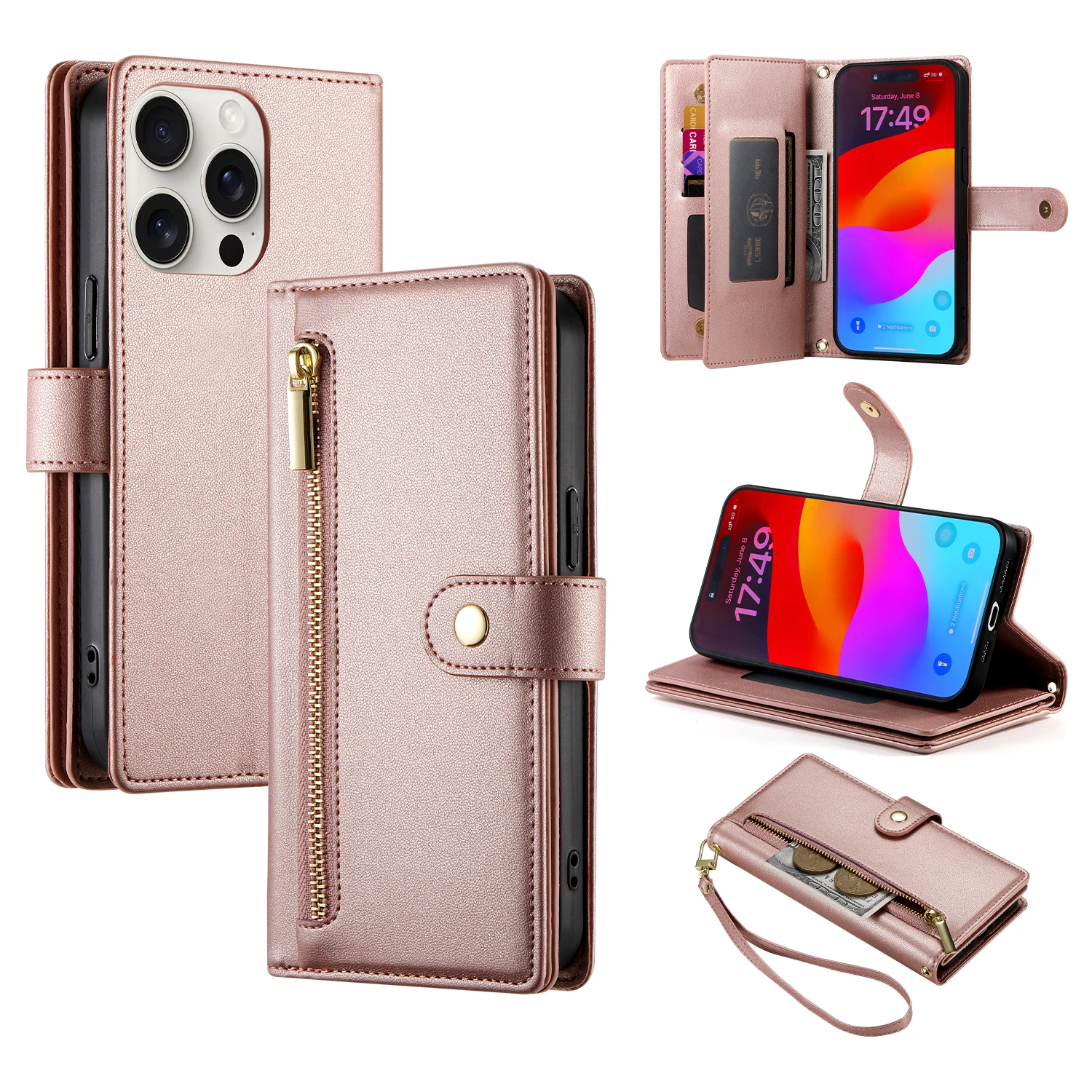 Étui portefeuille en cuir à fermeture éclair pour iPhone 15 Pro Max 16 14 Plus 13 12 11 SE4 XS MAX avec lanière et poche pour cartes_voghion.com