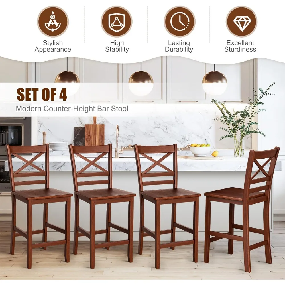Bar Stools, 25'' Antique Kitchen Counter Height Chairs with Wooden X-shaped Backrest & Rubber Wood Legs