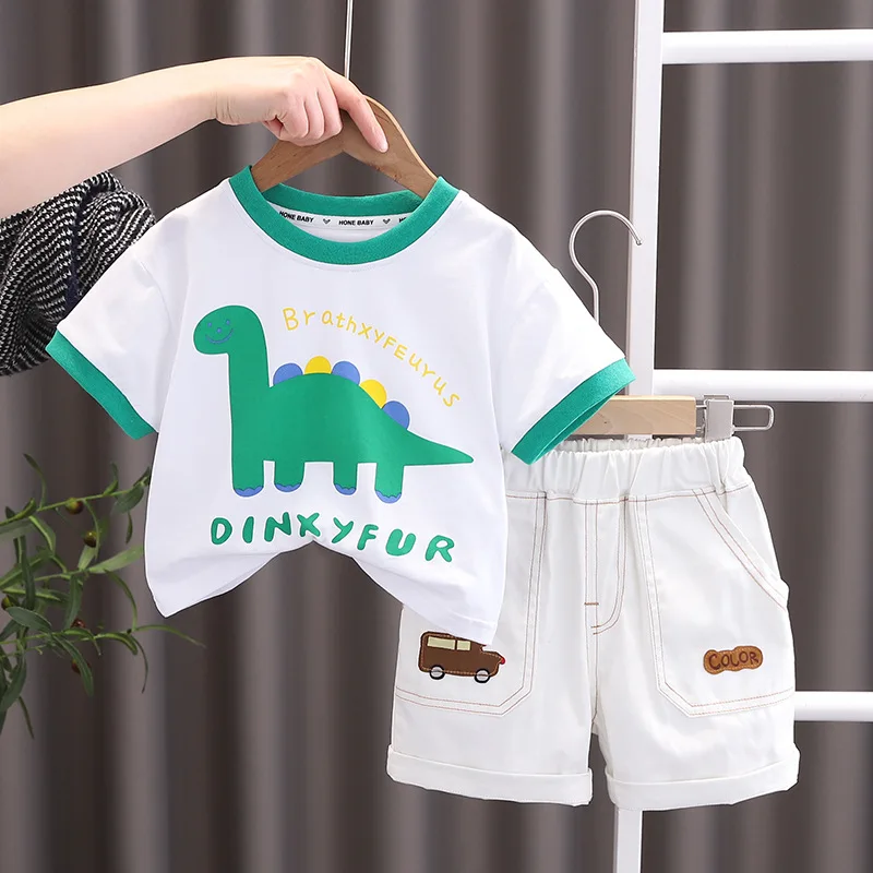

Toddler Summer Boy Outfit Set Muslin Clothes for Children White Cartoon Short Sleeve T-shirts and Shorts Suits Kids Tracksuits