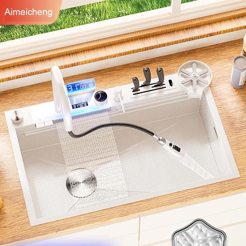 

Silver 5.0MM Nano 304 Stainless Steel Digital Display Waterfall Sink Multifunctional Vegetable Washing Pool Integrated faucet
