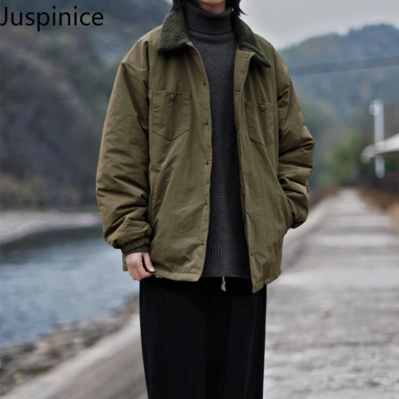 Japanese Retro Lapel Thin Pocket Workwear Cotton-padded Coat Couple Casual Loose High Street Parkas Male Clothes