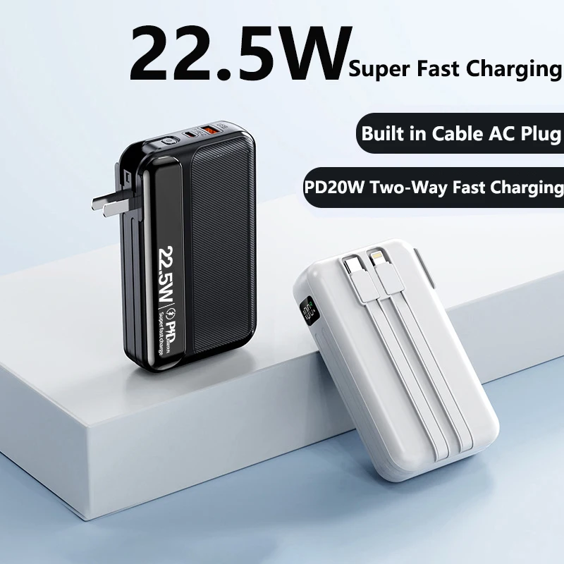 

3 in 1 Power Bank 20000mAh with Cable AC Plug Wall Charger for iPhone 15 Samsung S23 Huawei Xiaomi 22.5W Fast Charging Powerbank