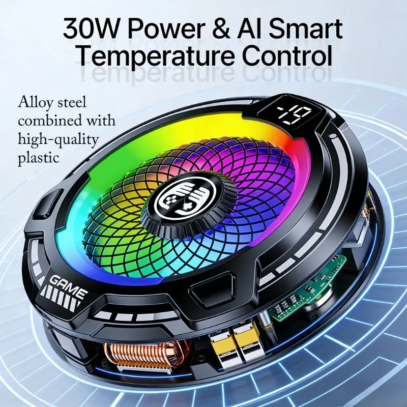 FS18 모바일 폰 쿨러 30W AI 스마트 온도 제어 TEC 반도체 냉각 팬 라디에이터 (RGB 조명 포함, IOS 및 안드로이드용)